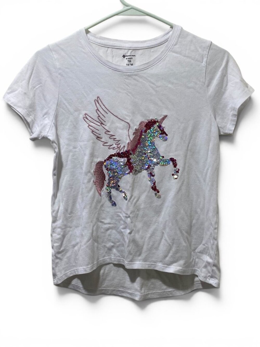 Members Mark Girls White Tee With Sequin Unicorn Design Size 14/16